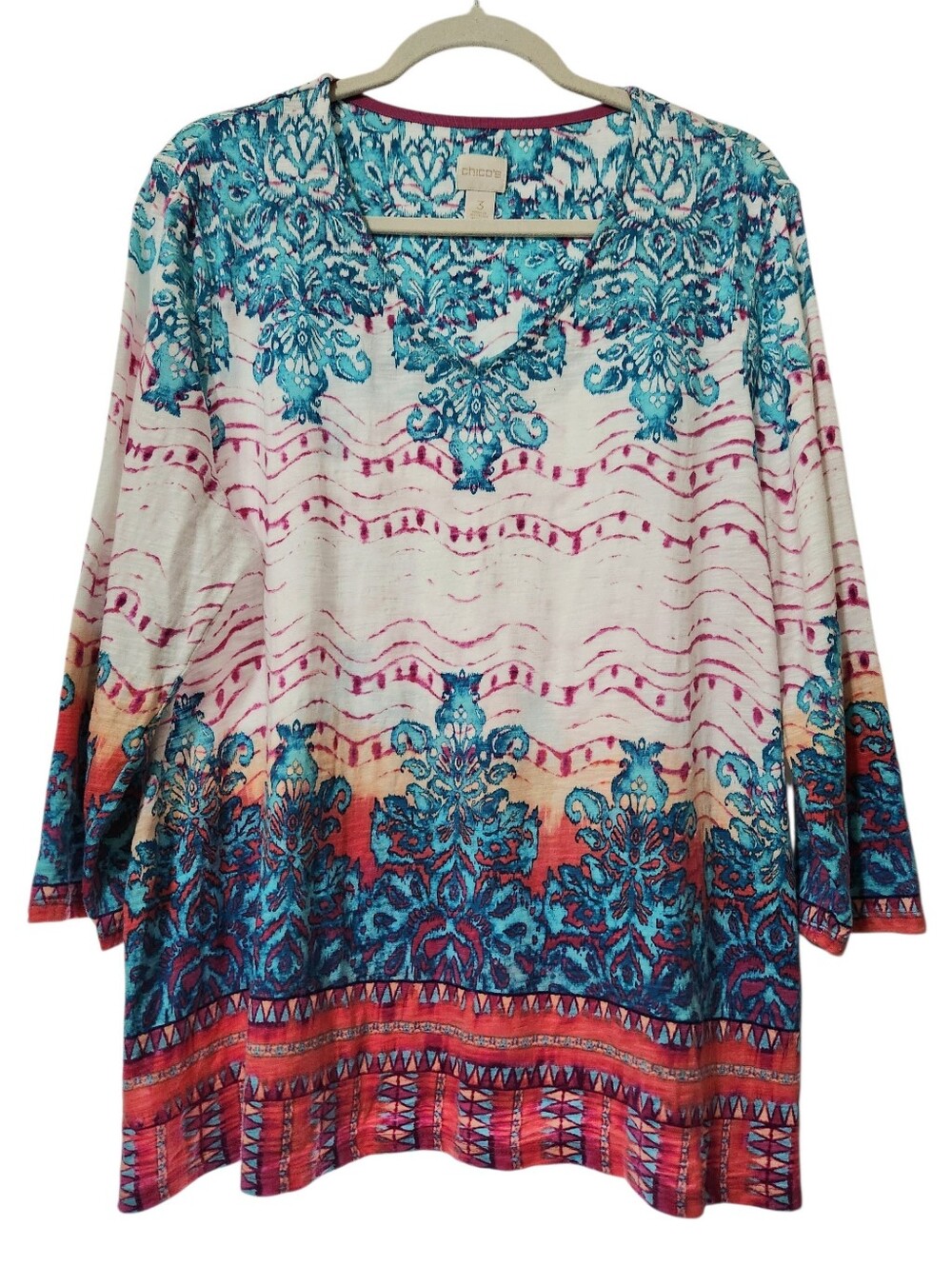 Chico's Bohemian Paisley Print Top Turquoise Magenta Orange Red Ivory Sz 3 (XL)